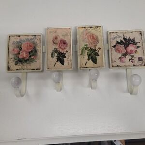 Shabby Chic Rose Wall Hook Rack Organizer 4 Hooks Vintage Floral Decor